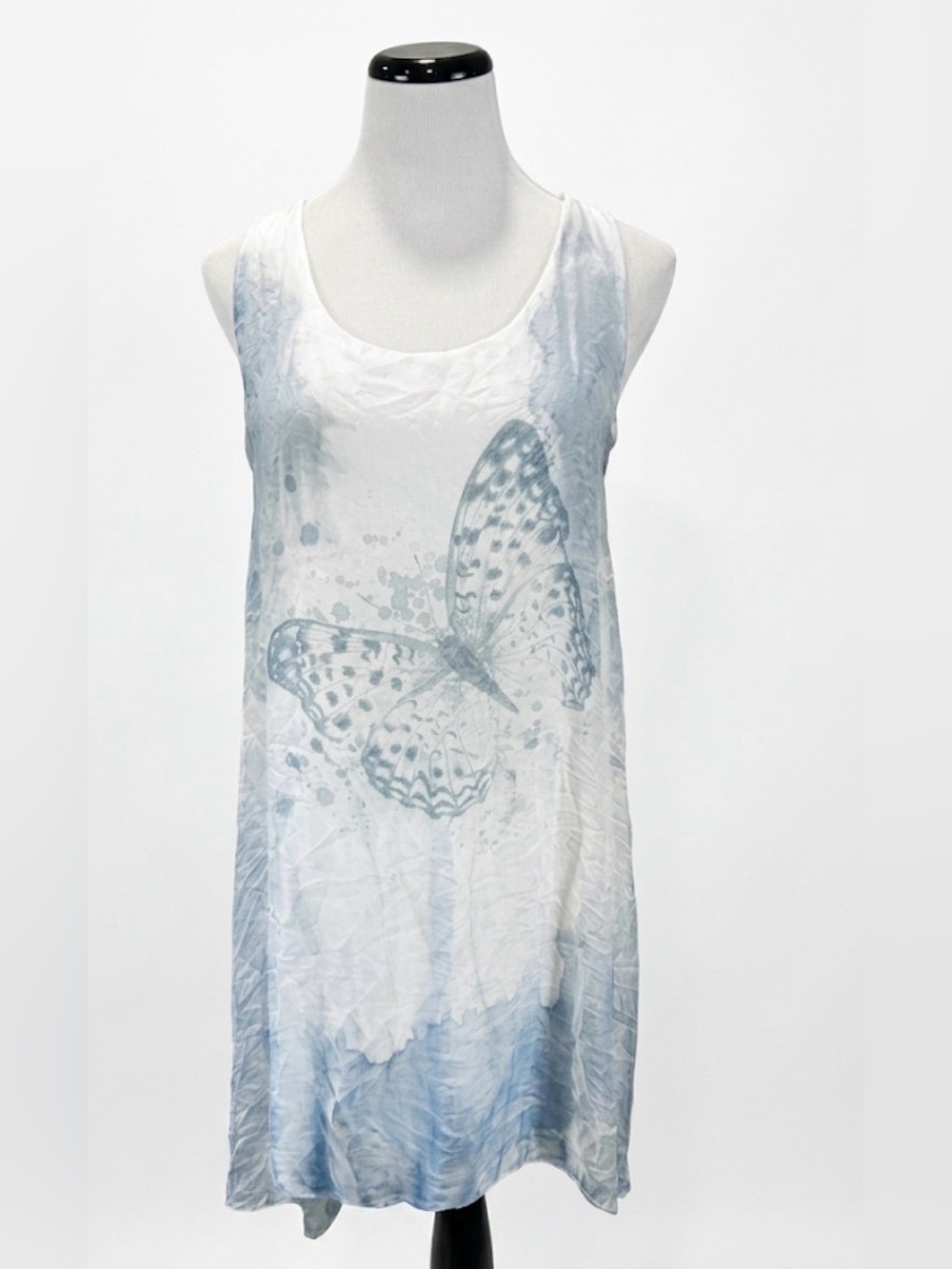 Angela Mara Italy Silk Blend Butterfly Print Sleeveless Dress Tunic White Blue M